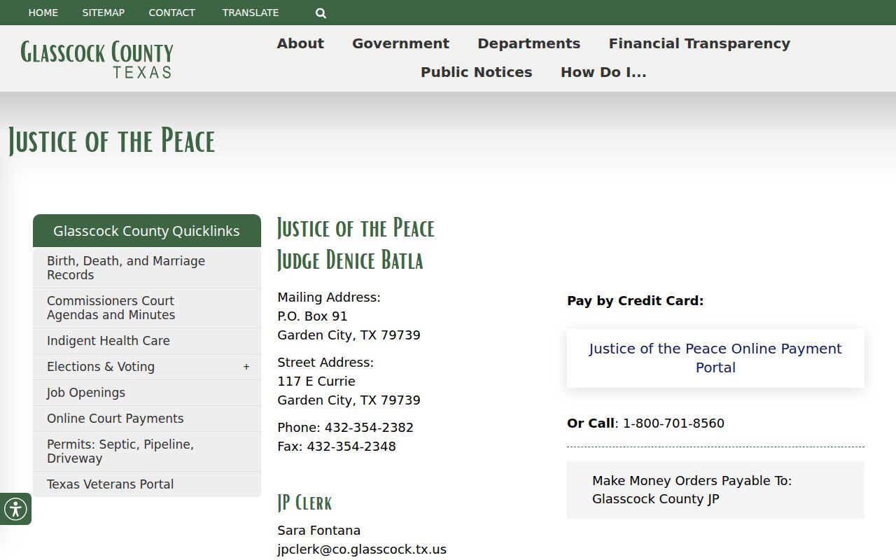 Glasscock County bench warrant questions routed through the JP contact page