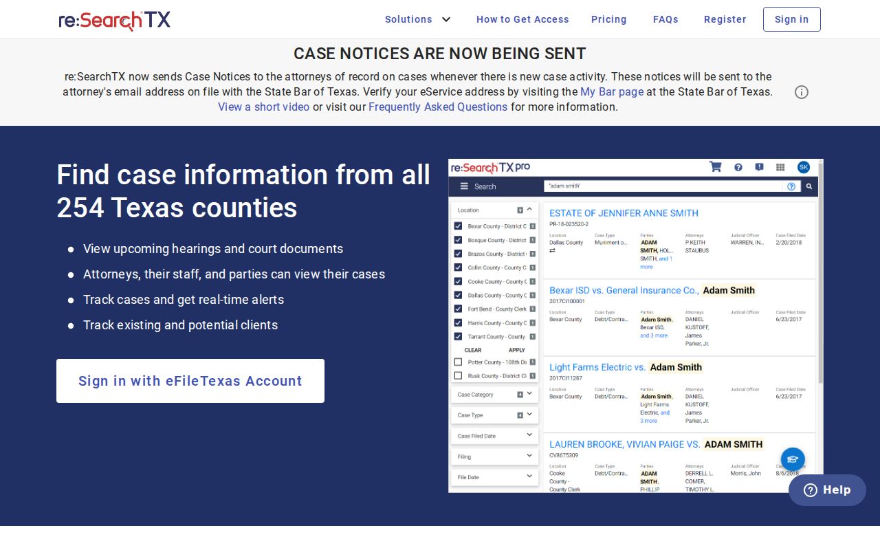 Glasscock County warrant search context beside a statewide case-access landing page