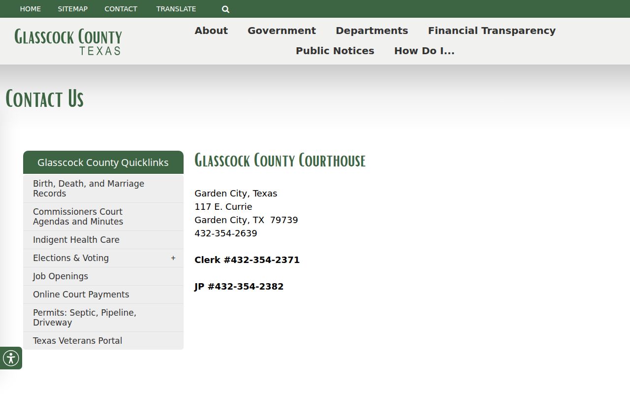 Glasscock County warrant records page showing courthouse contact and regular hours