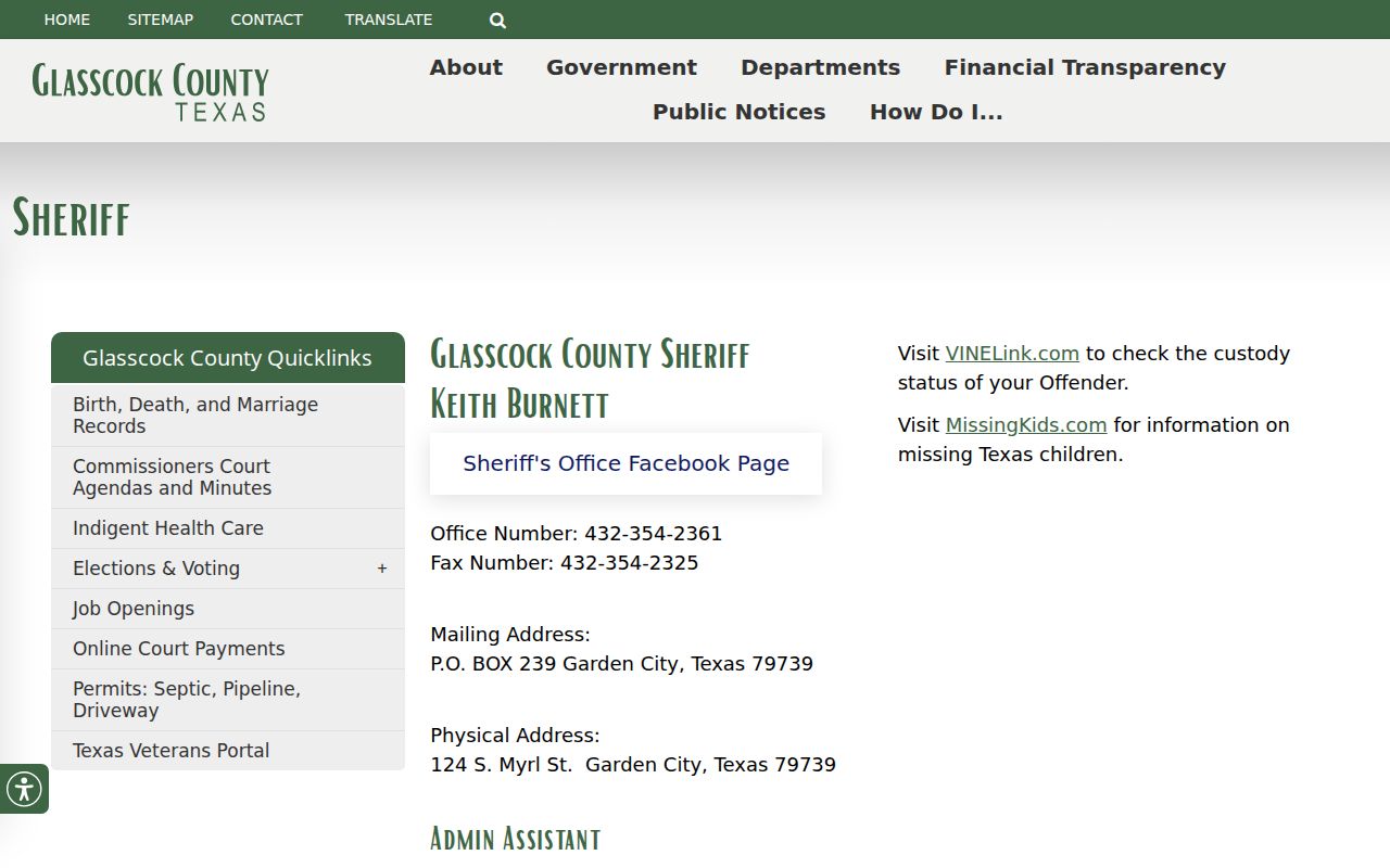 Glasscock County warrant search contact information on the sheriff page